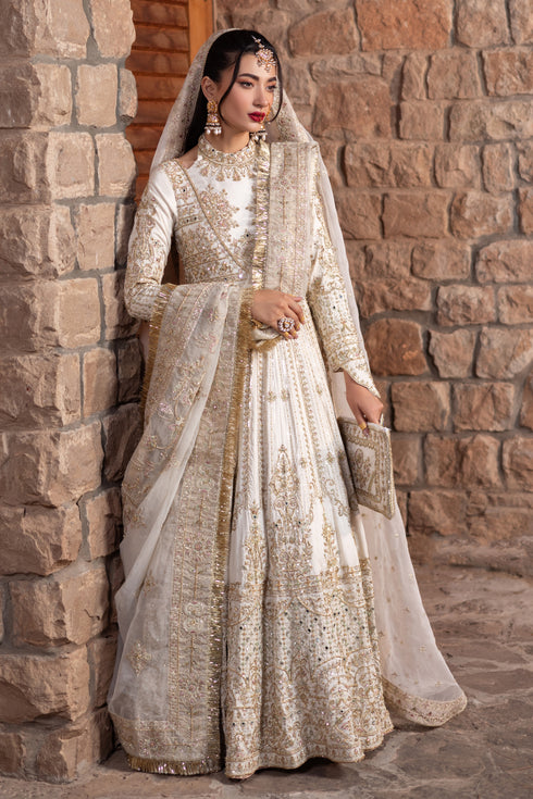 Close-up of Naqshi Fasana extended sleeve and voluminous panel edge featuring dense embroidery, mirror work and crystal-hand adda.